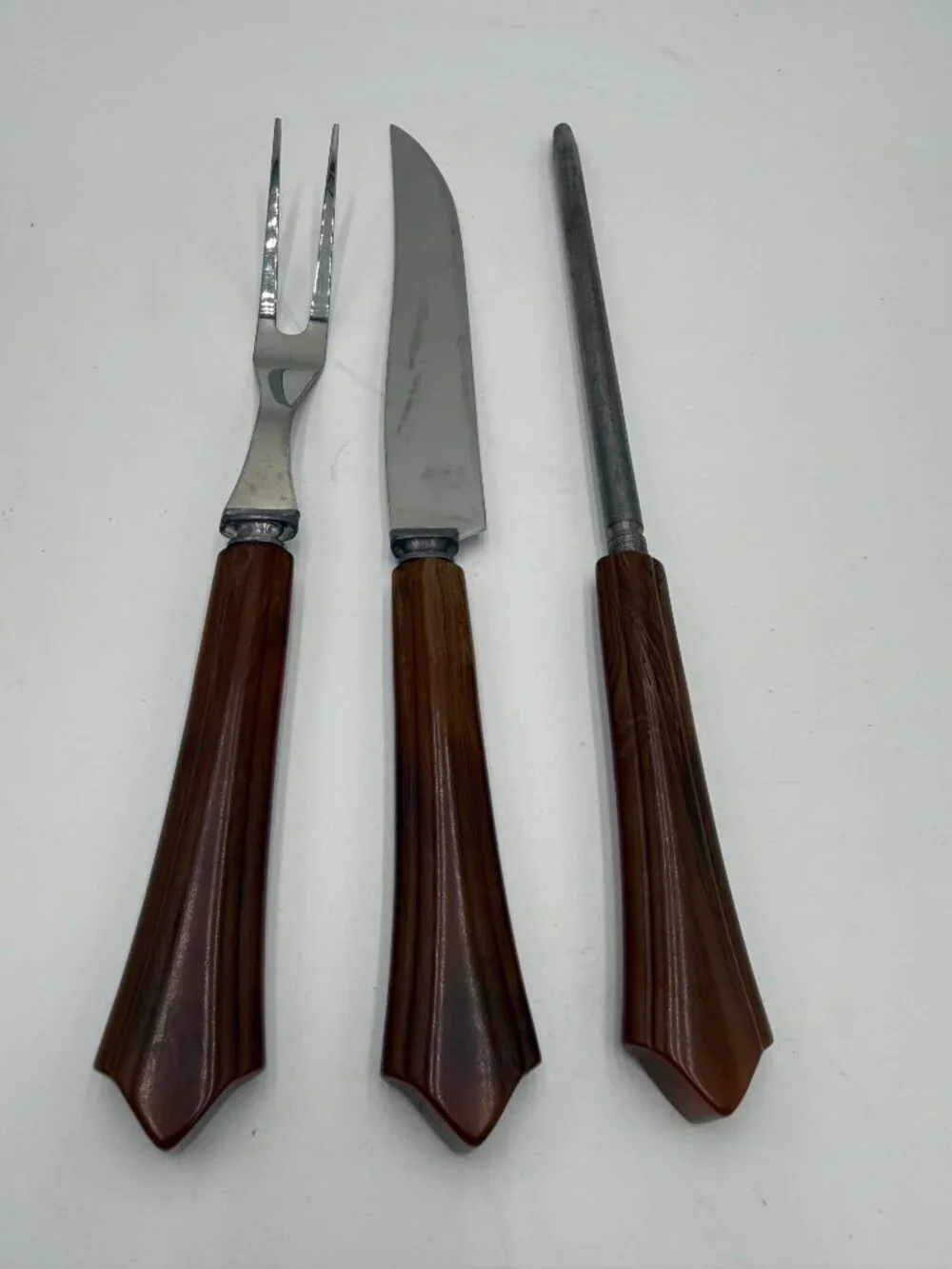 Vintage 3-Piece Carving Set Bakelite Handles Stainless Steel Fork Knife Sharpeni